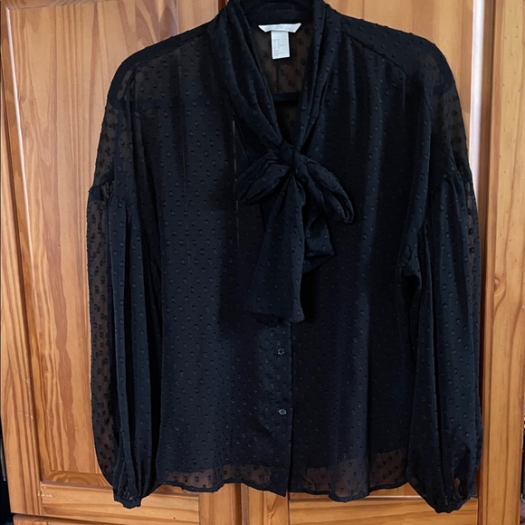 H&M Tops - H&M Black Sheer Swiss Dot Tie-Neck Blouse